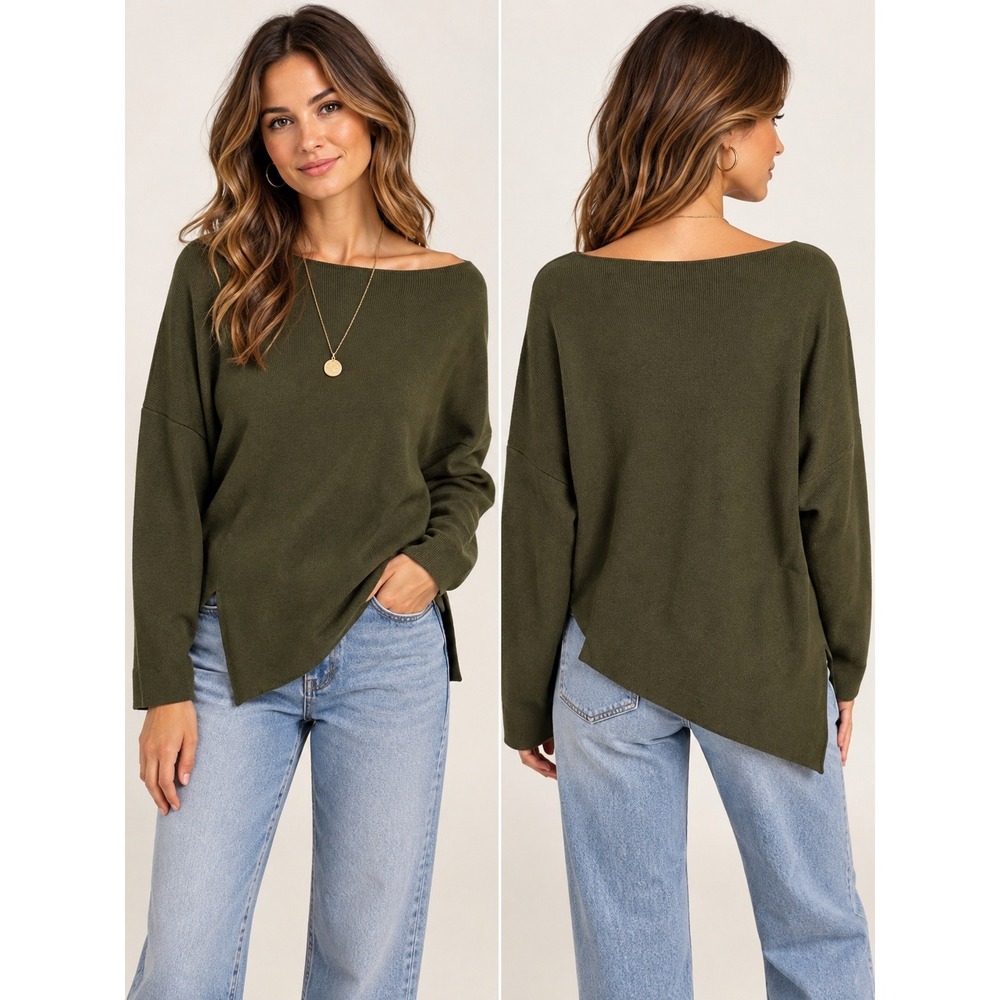 Commonense Olive Green Asymmetrical Hem Sweater Womens Large Boat Neck Knit Top